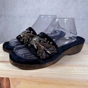 Luca Stefani Velvet Wedge Slide Sandals Womens 10 Navy Blue Good Embroidered